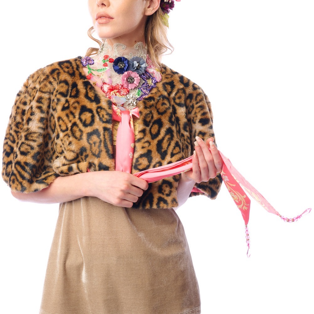 Aratta Leopard-Print Faux Fur Cropped Cape in Brown and Black